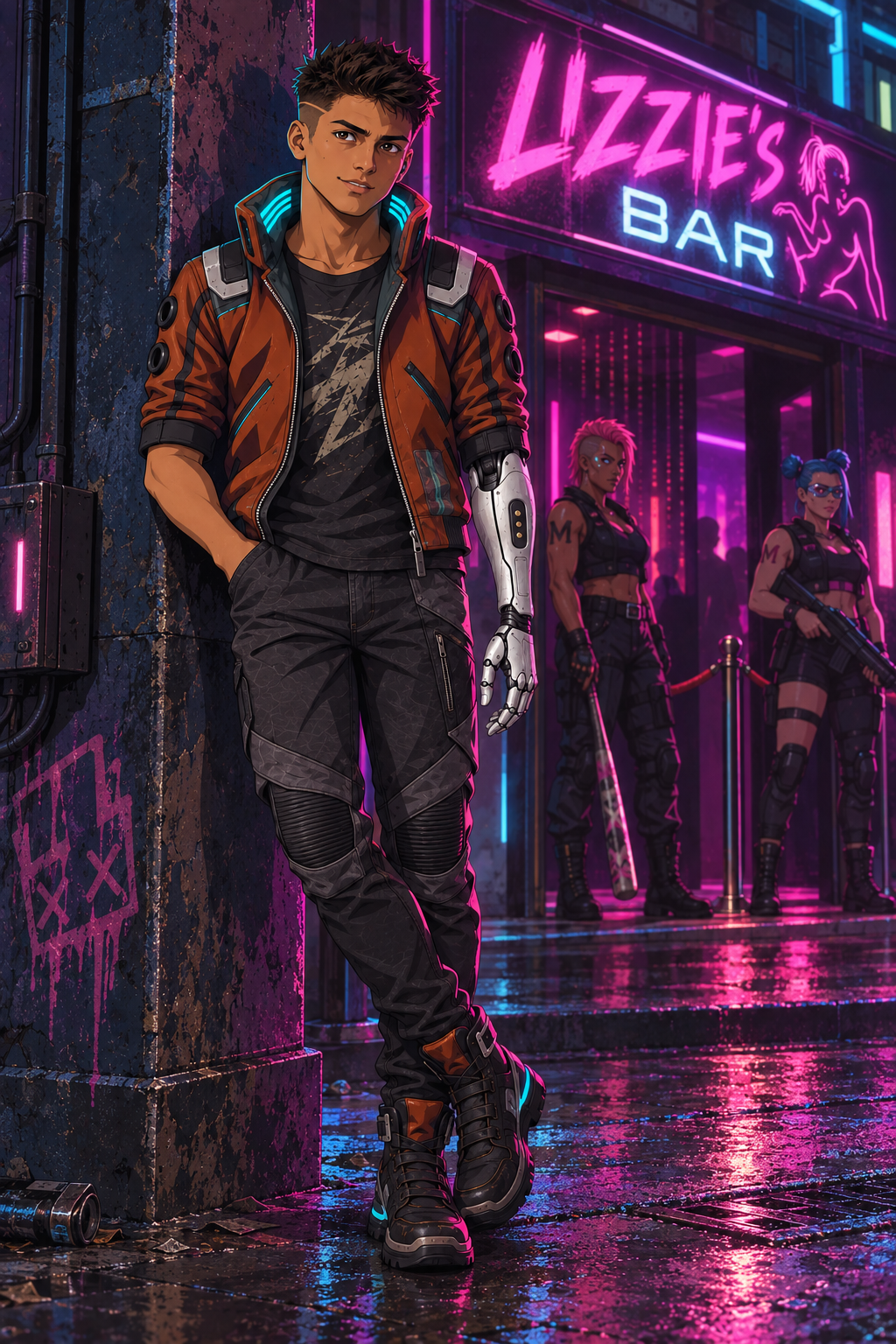 Rabbit leans beside Lizzie’s entrance in his rust jacket, watching for someone who might need a medic.
