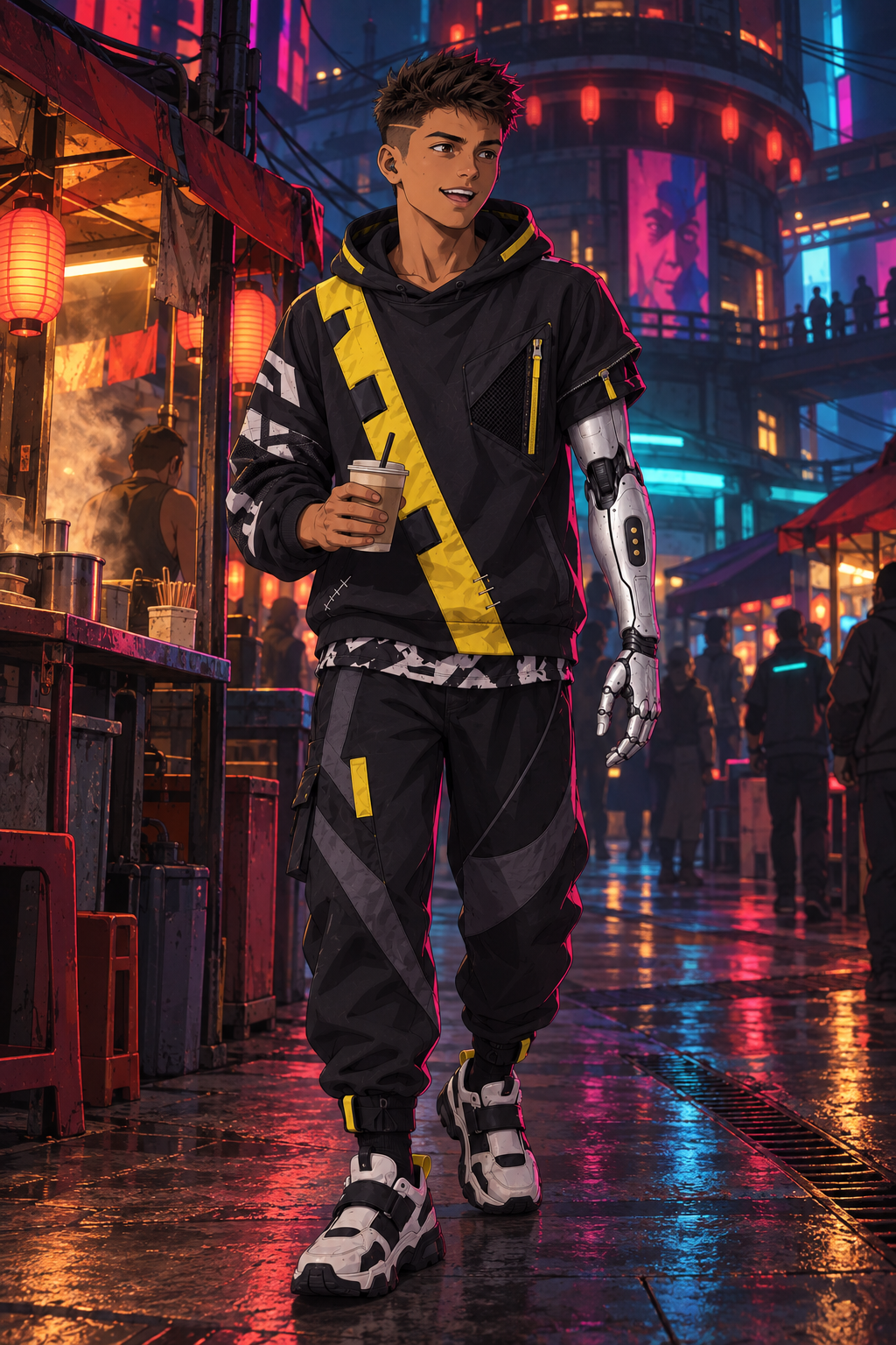 A drink in hand, Rabbit wanders through Kabuki Market in his black-and-yellow hoodie, wearing an easy grin.