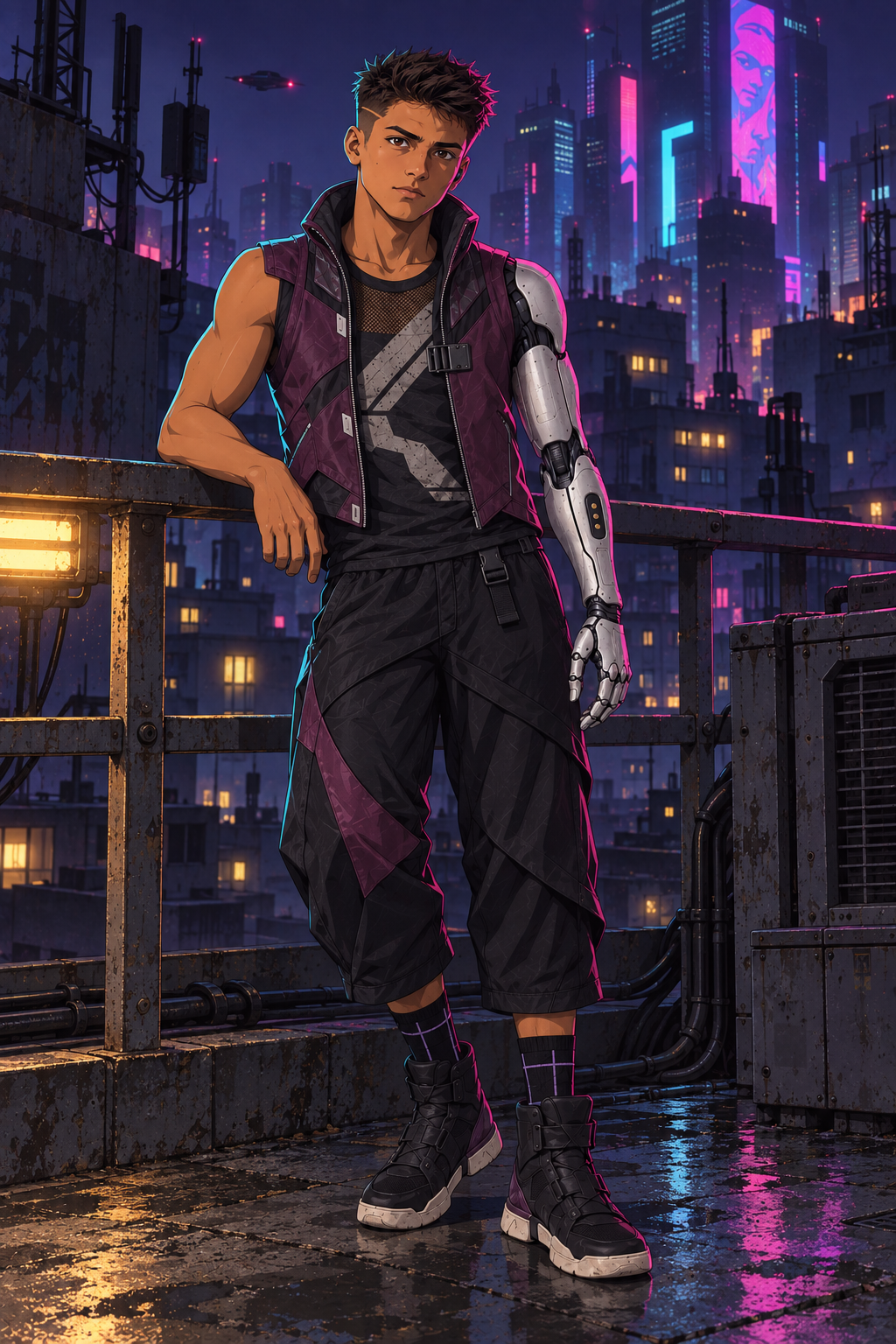 Rabbit takes a breather on a Kabuki rooftop, his plum vest open and one arm resting on the railing.