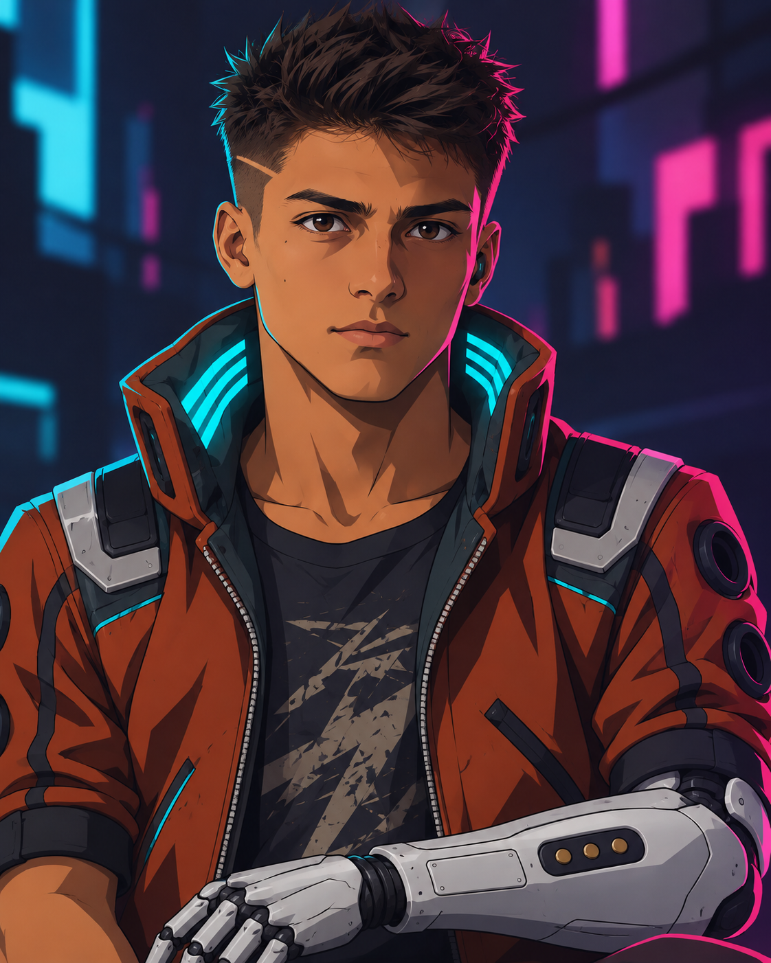 Rabbit gives a small, confident smile, his silver-white cyberarm folded across his rust jacket.