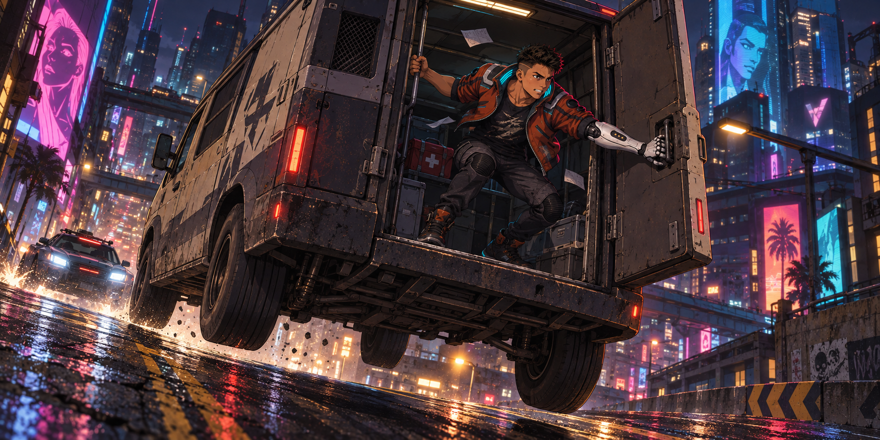 Rabbit grips a swinging rear door as the van goes airborne above a wet Night City street.