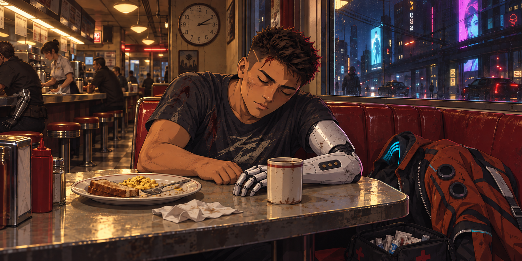 Rabbit dozes in a booth at Tom’s Diner, his face scratched and his breakfast unfinished.