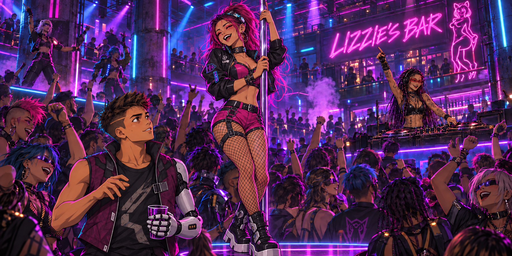 Rabbit watches a pole dancer at Lizzie’s, drink in hand, while Anna Log performs behind the decks.