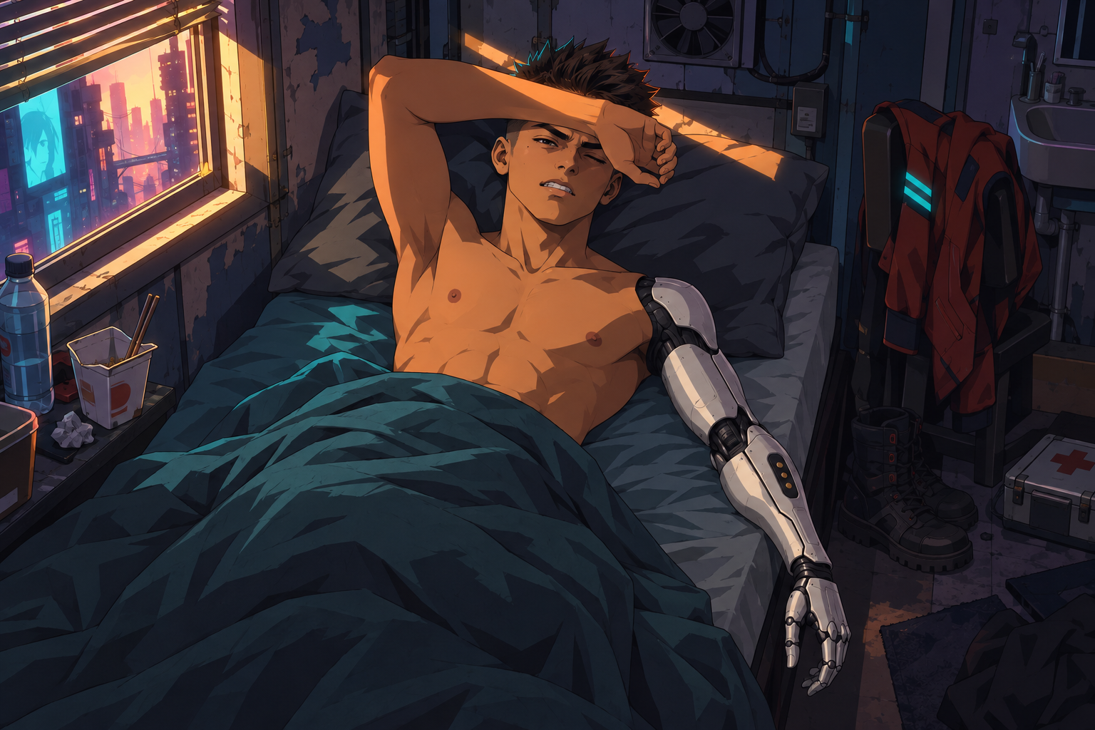 Rabbit shields his eyes from the morning light, his rust jacket and medical bag still beside the bed.