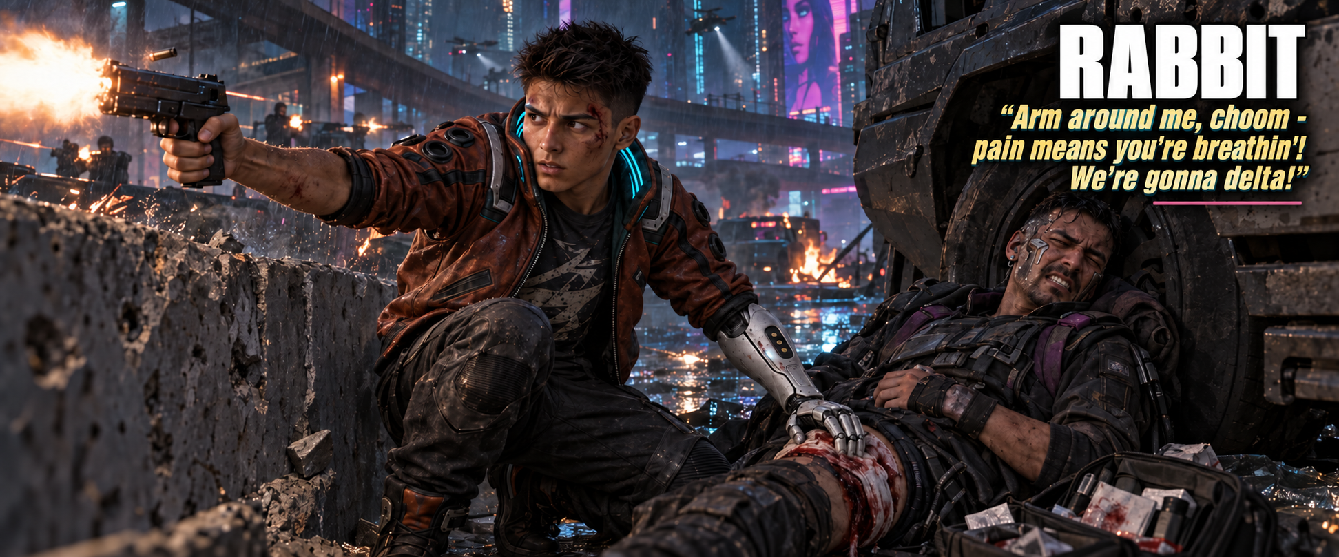From cover beside a vehicle, Rabbit fires a pistol with his right hand while his left cyberarm applies a dressing to a wounded runner's leg.