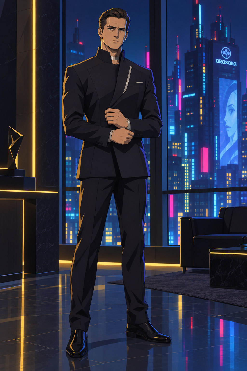 Zetatech executive Martin Kessler stands before his office windows, Night City’s advertisements glowing beyond the glass.