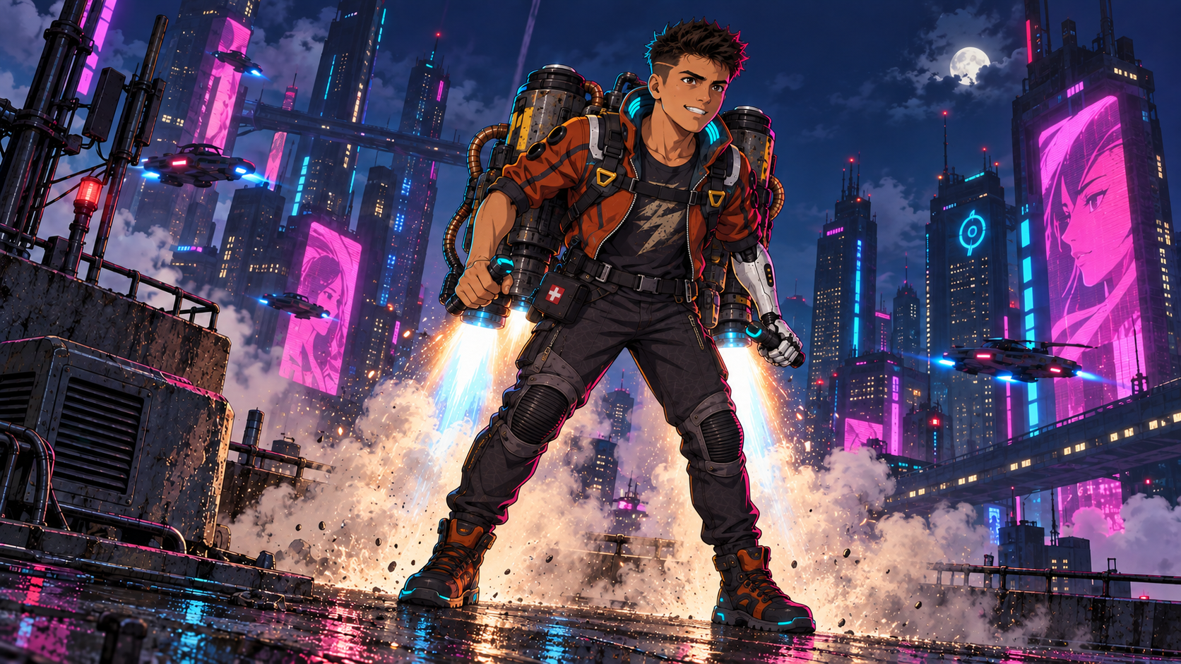 Rabbit stands with both boots firmly planted on a Night City rooftop as his twin-turbine jet rig ignites.