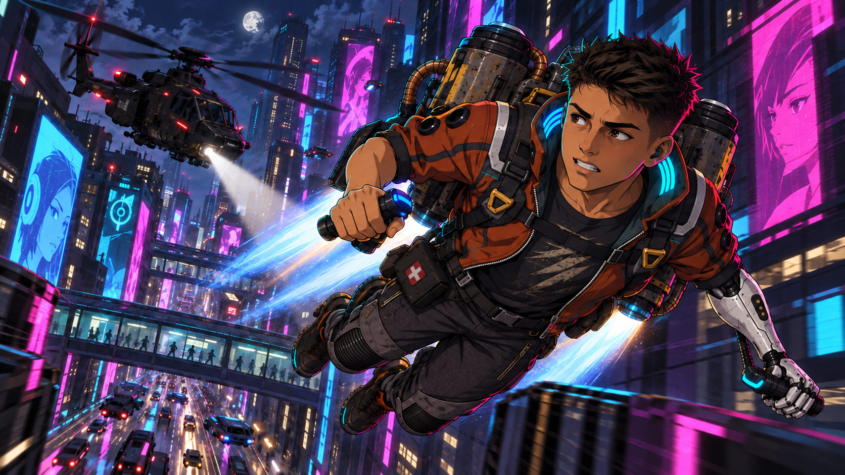 Rabbit banks between neon towers while a helicopter pursues him from behind.