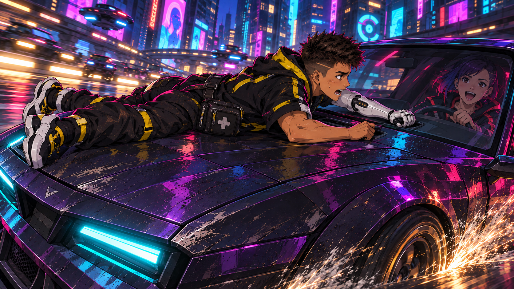 Rabbit clings belly-down to a speeding coupe's hood, his head and reaching arms toward the windshield and his legs toward the front bumper.