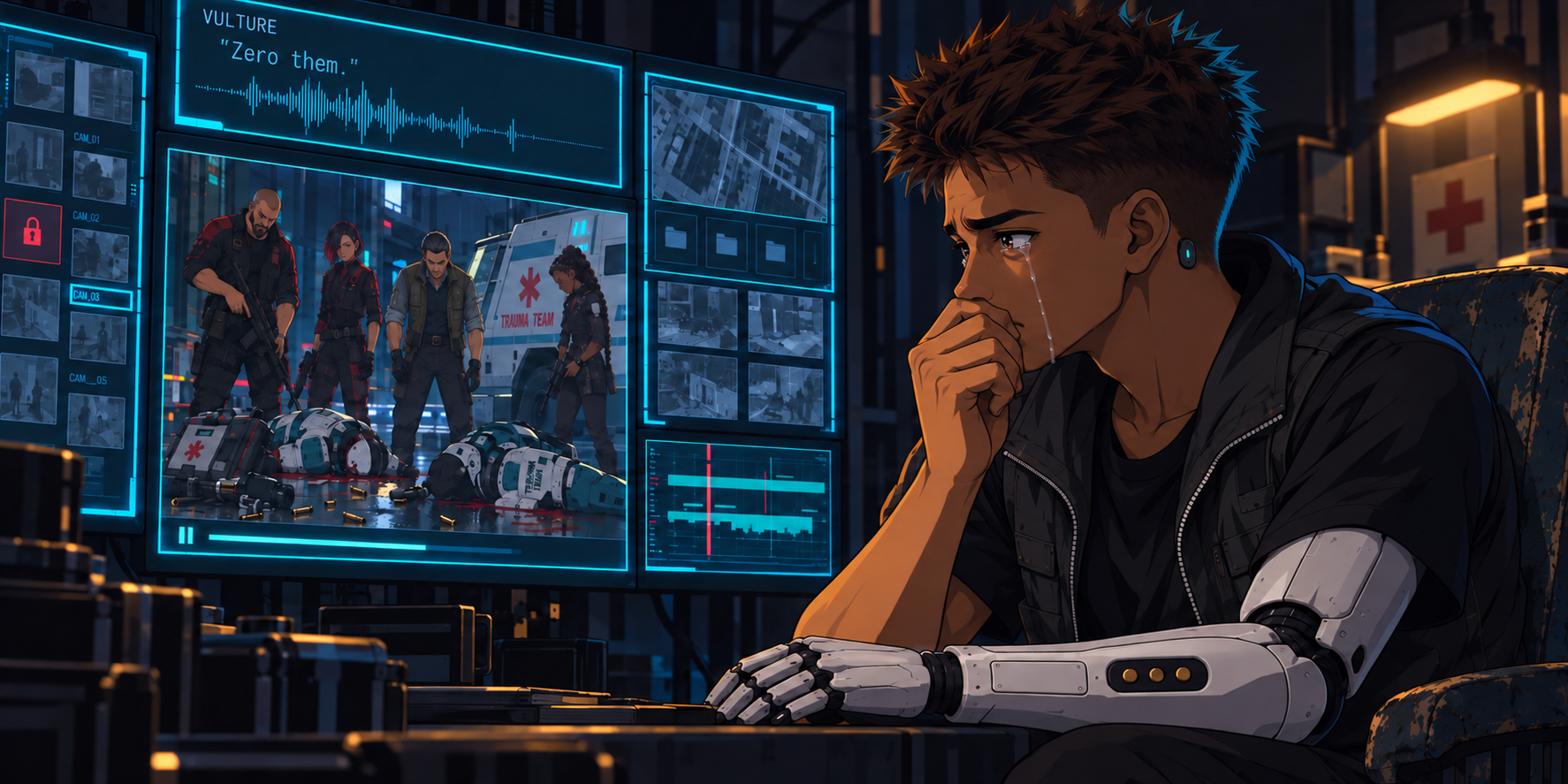 Rabbit watches the footage of his parents’ deaths, crying as Vulture’s order plays over comms.