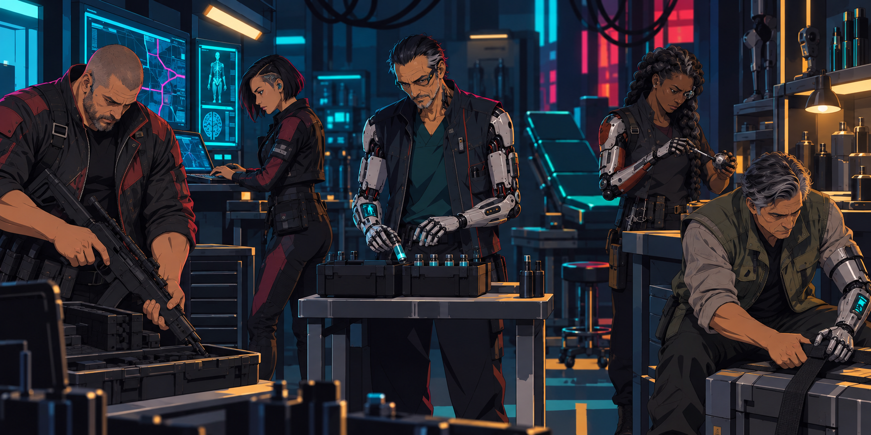 Latch checks his rifle while Splice works at a terminal. Vulture sorts supplies, Graft inspects a component, and Haul secures a case.