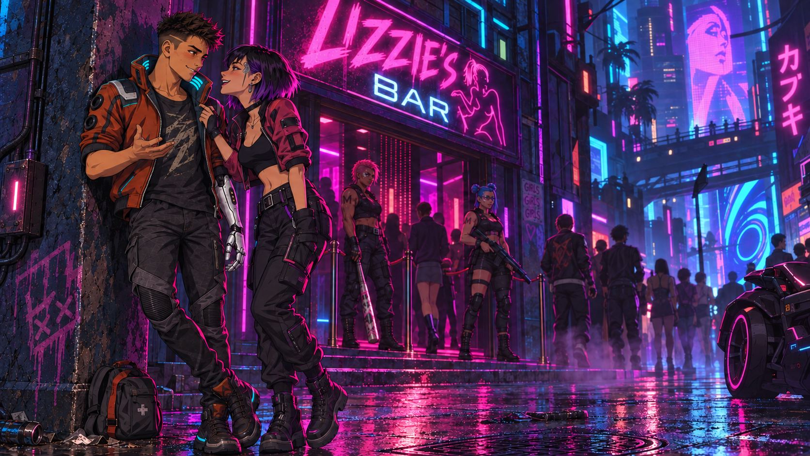 Rabbit flirts with a smiling cyberpunk girl outside the neon entrance to Lizzie's Bar.