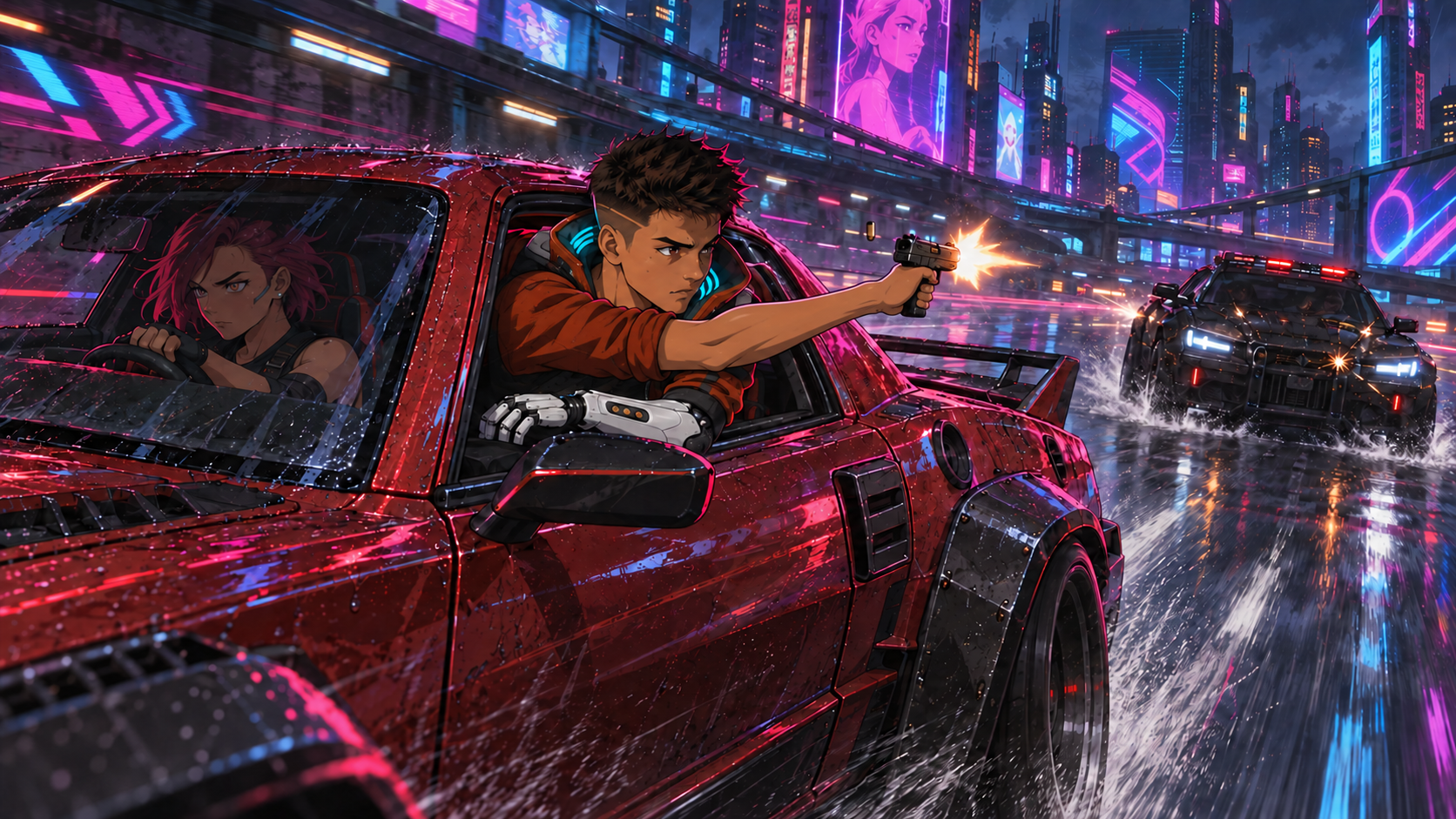 From the passenger window of a red hot rod, Rabbit fires backward at a pursuing car.