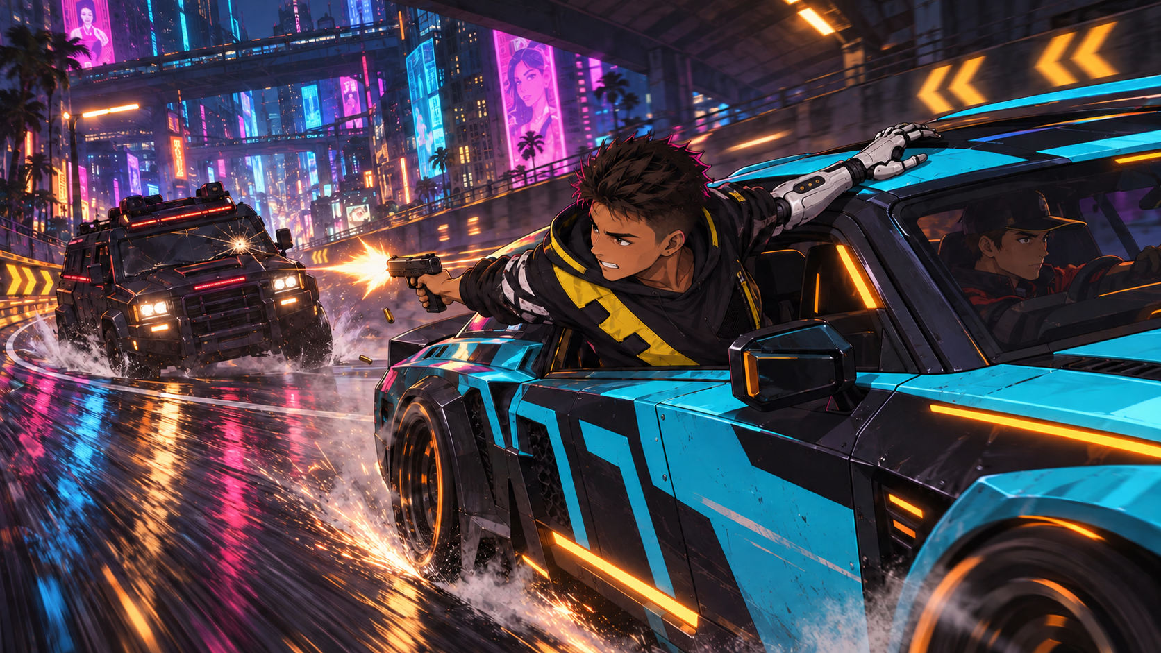 Rabbit fires rearward from a cyan hot rod as it slides through a downhill bend ahead of an armored SUV.