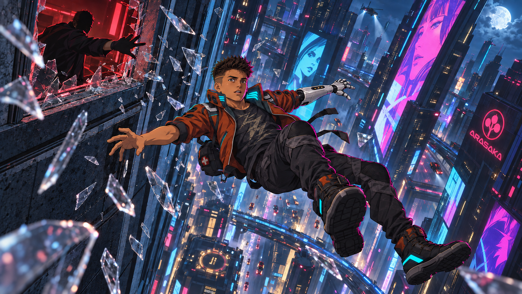 Rabbit falls backward from a shattered skyscraper window, surrounded by glass and the distant city below.